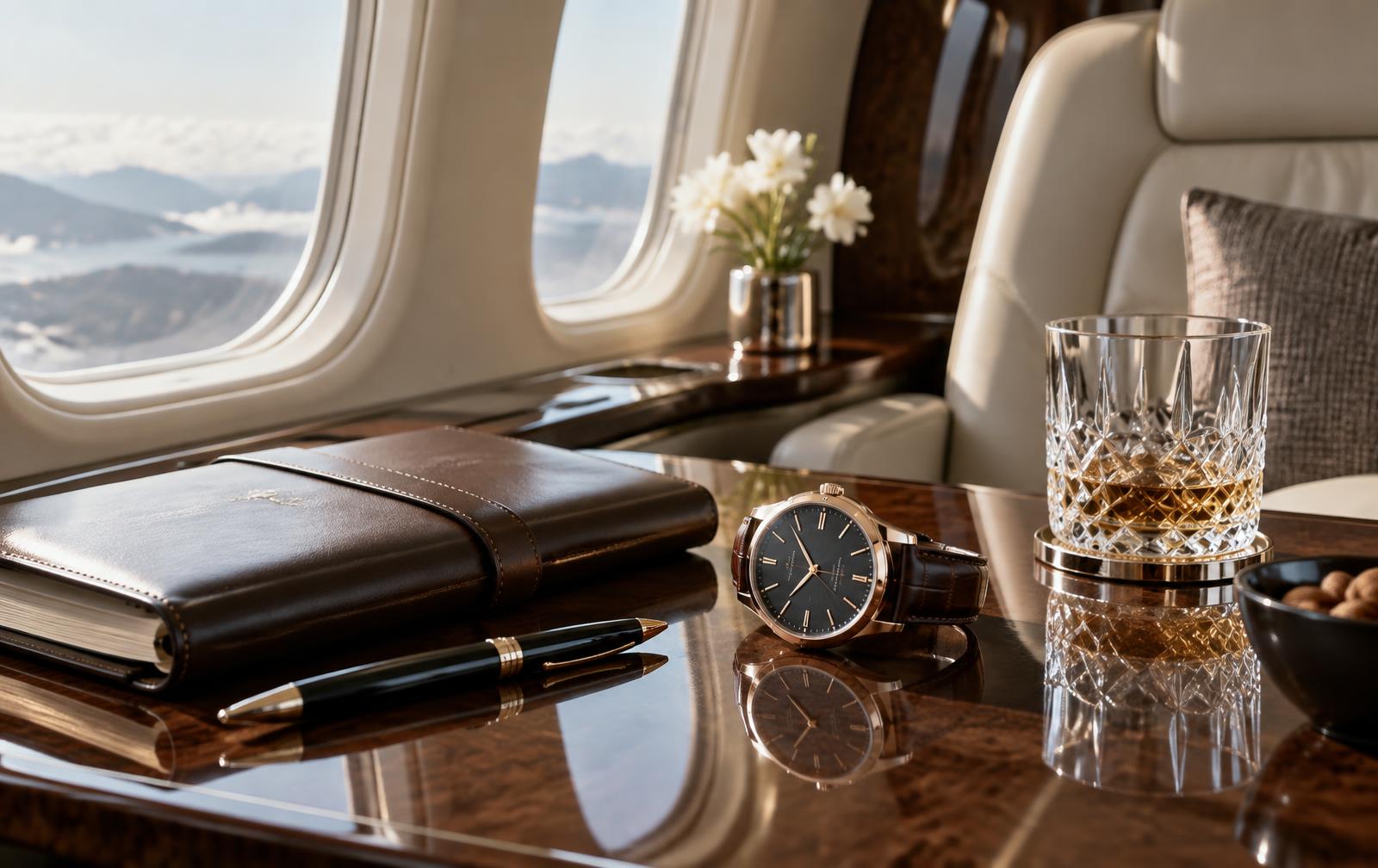 Watch and leather folio inside a private aircraft cabin