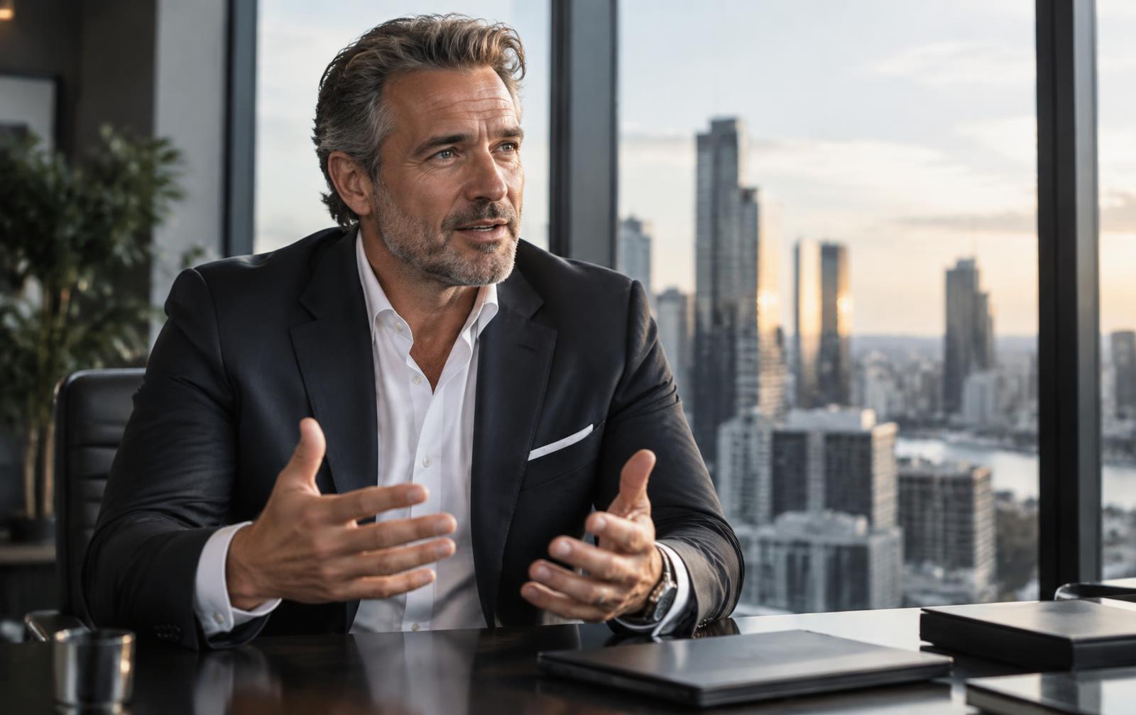 Entrepreneur discussing strategy in a city office