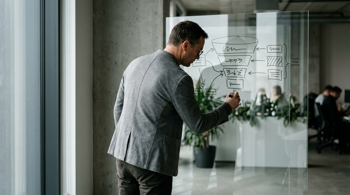 A business owner draws a funnel diagram on a transparent glass whiteboard in a modern office.