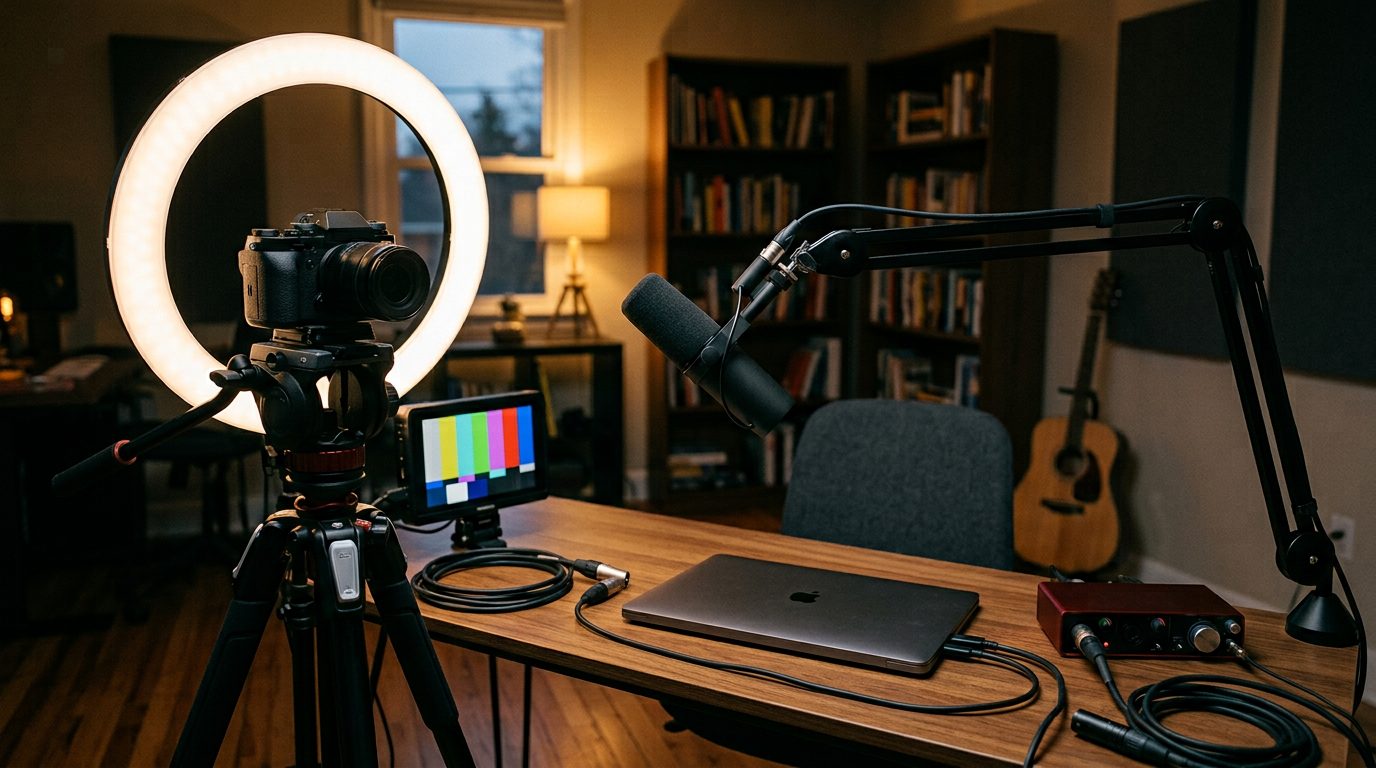 A recording camera, ring light, and microphone arranged in a home studio setting.