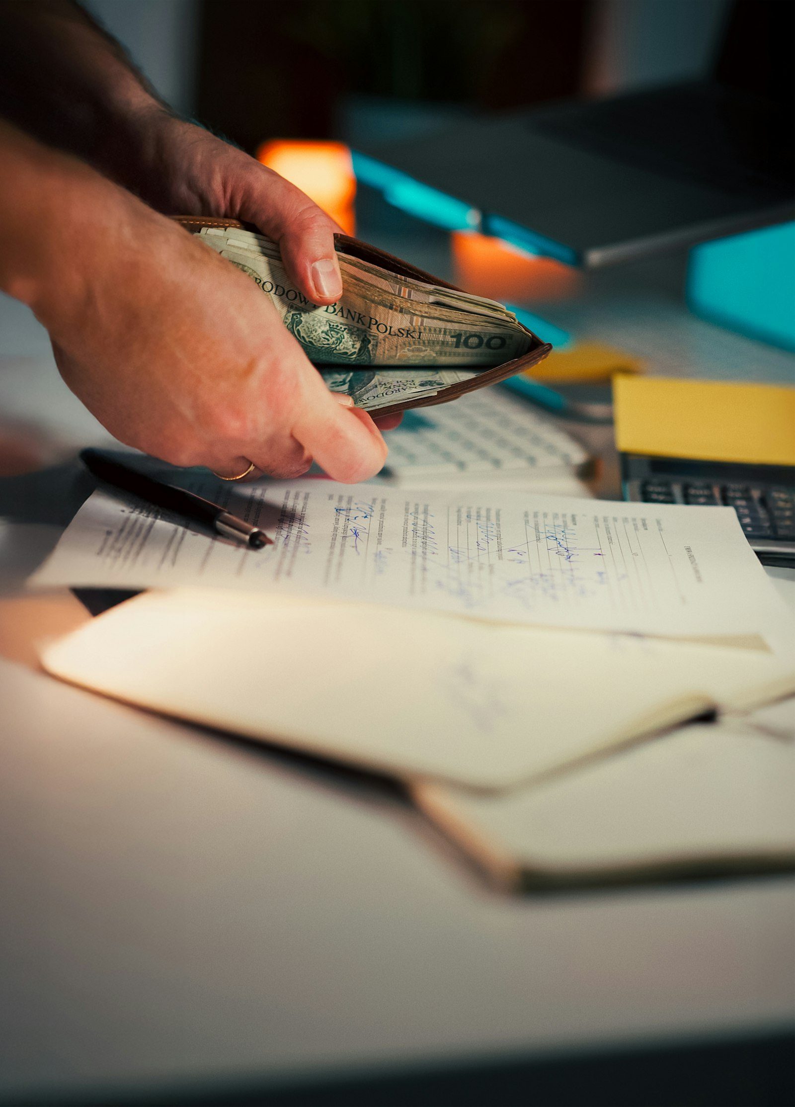 A person works with a calculator and laptop alongside paperwork at a wooden workshop desk.