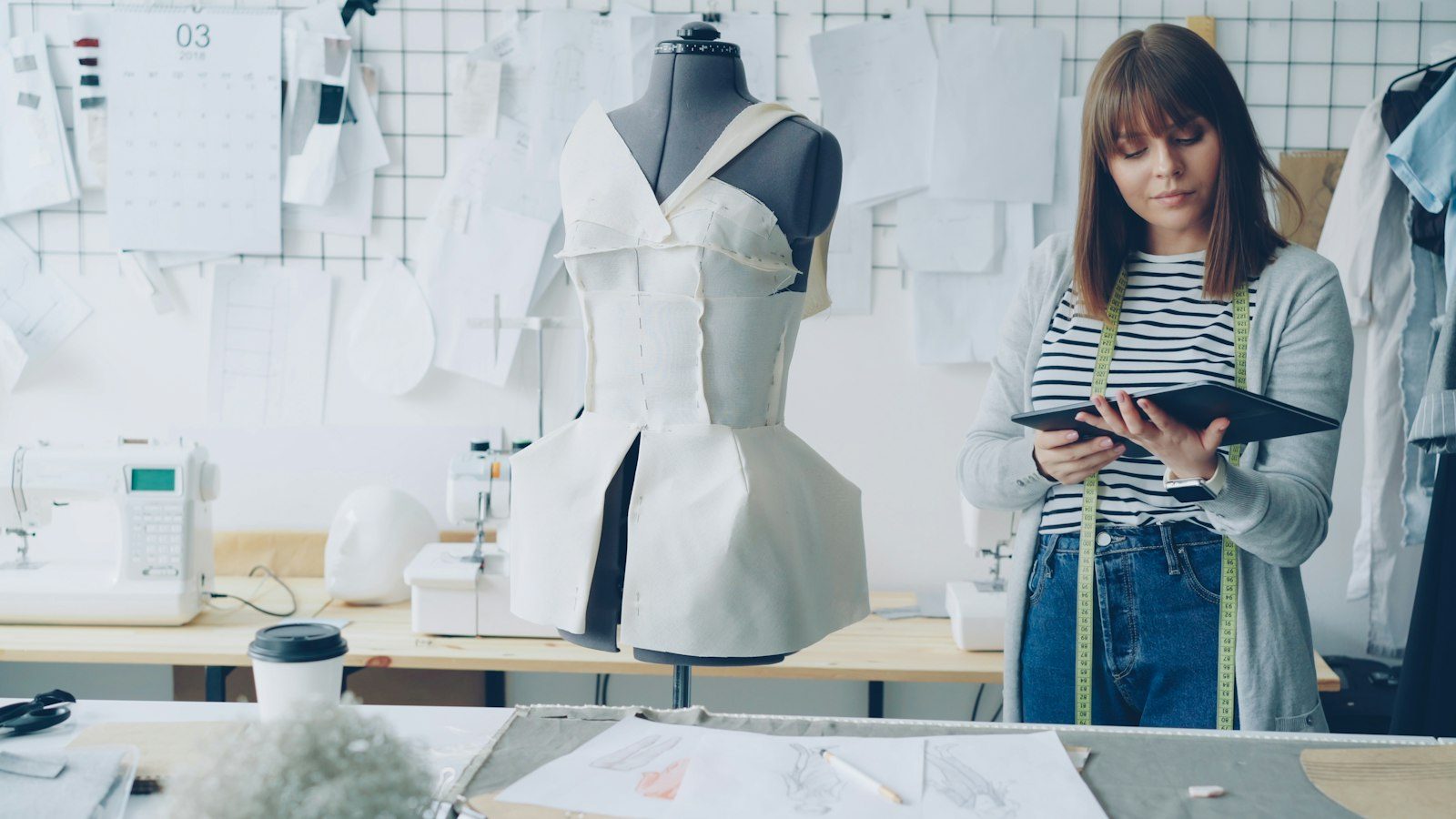 A woman reviews clothing lookbook pages displayed on a showroom wall in soft daylight.