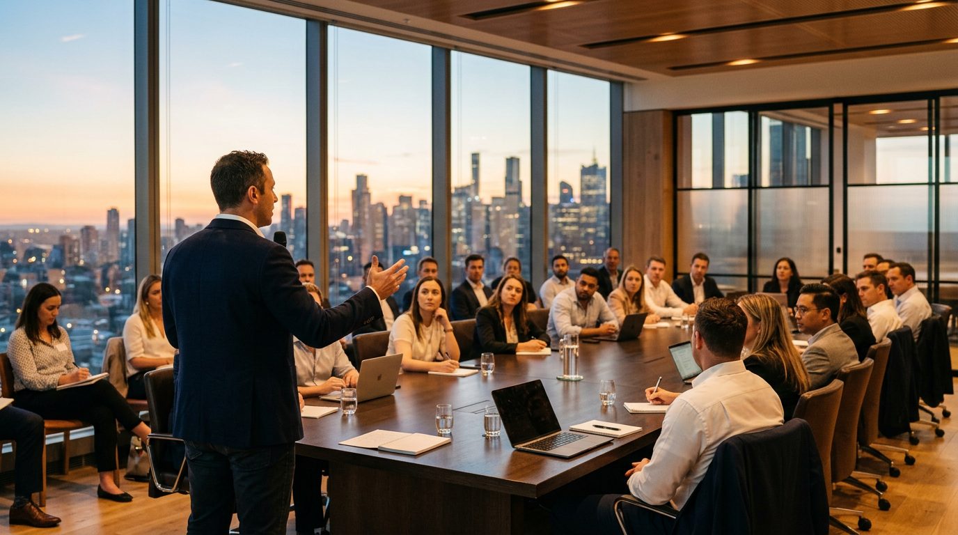 An entrepreneur addresses a group seated in a glass-walled conference room during golden hour.