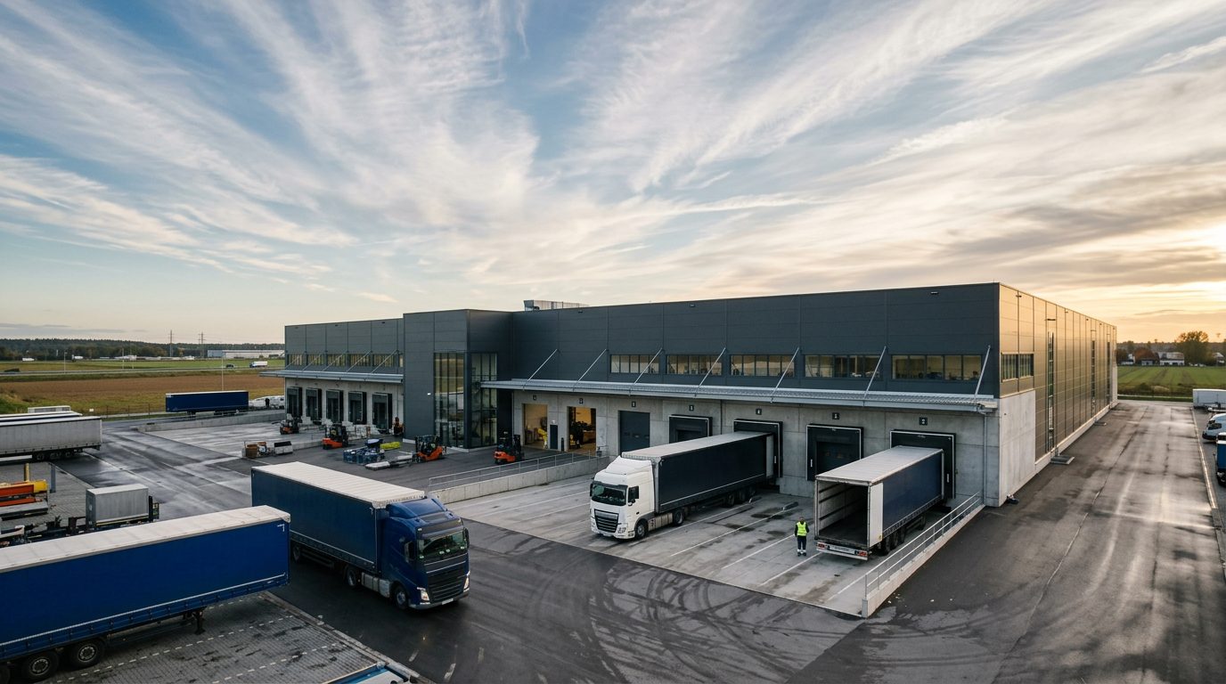 Exterior of a large modern distribution warehouse featuring multiple loading docks and semi-trucks.