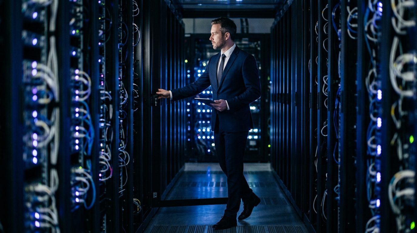 A technology executive in a dark suit stands in a server room aisle illuminated by blue lights.