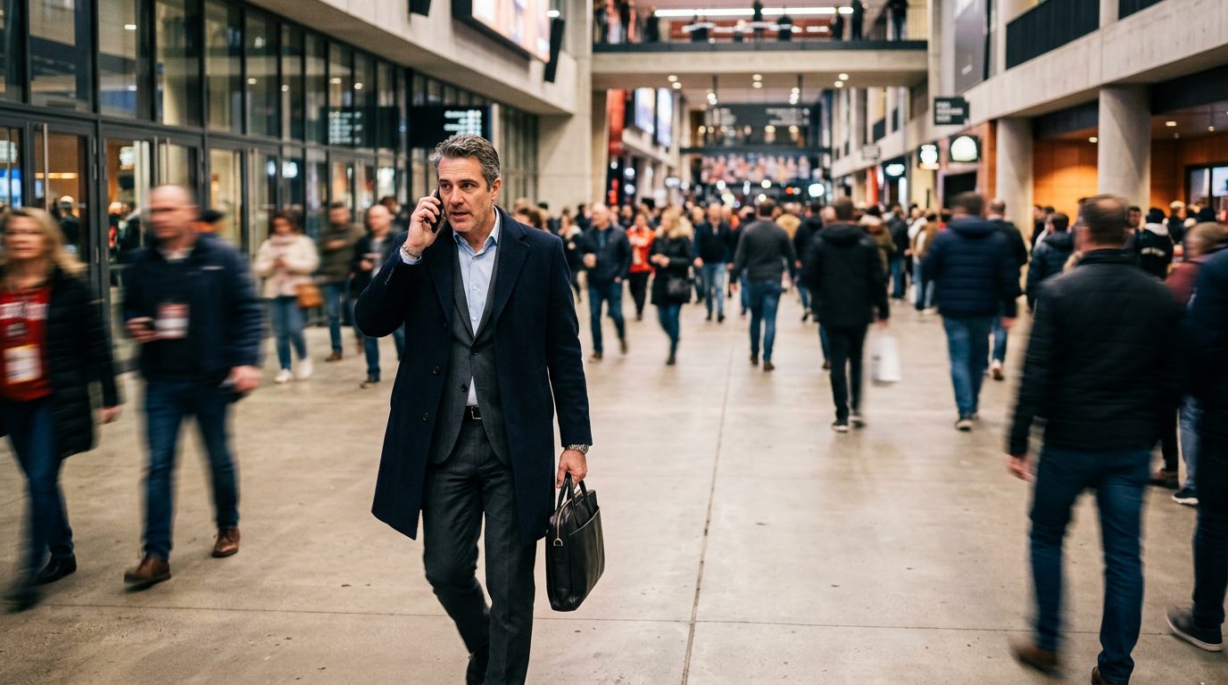 An investor in a jacket talks on a phone while walking through a modern arena corridor.