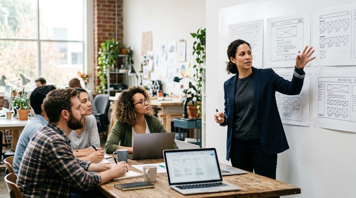 A woman presents interface layouts on a screen to colleagues in a bright design studio.