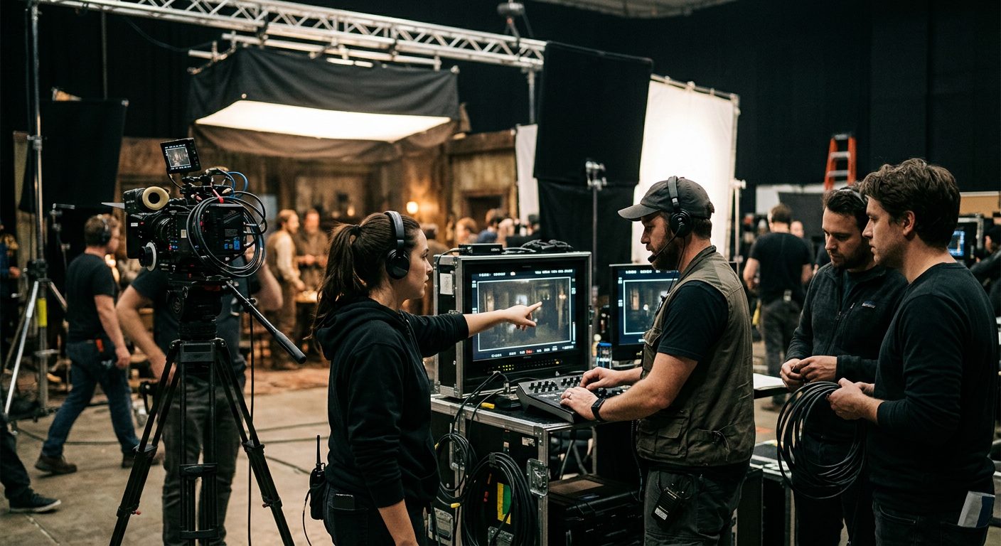 A media production crew works on a large studio set equipped with cameras and lighting rigs.