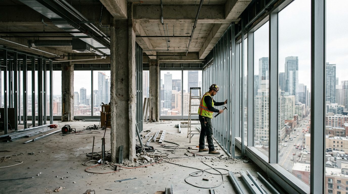 An empty, gutted commercial building floor with exposed concrete columns overlooking a city skyline.